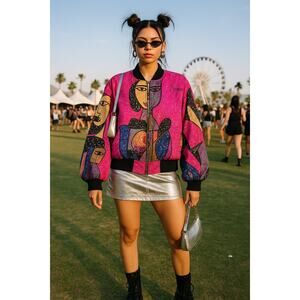 Vintage Picasso Art Bomber Jacket Bright Pink Sequins 1980s Festival Large